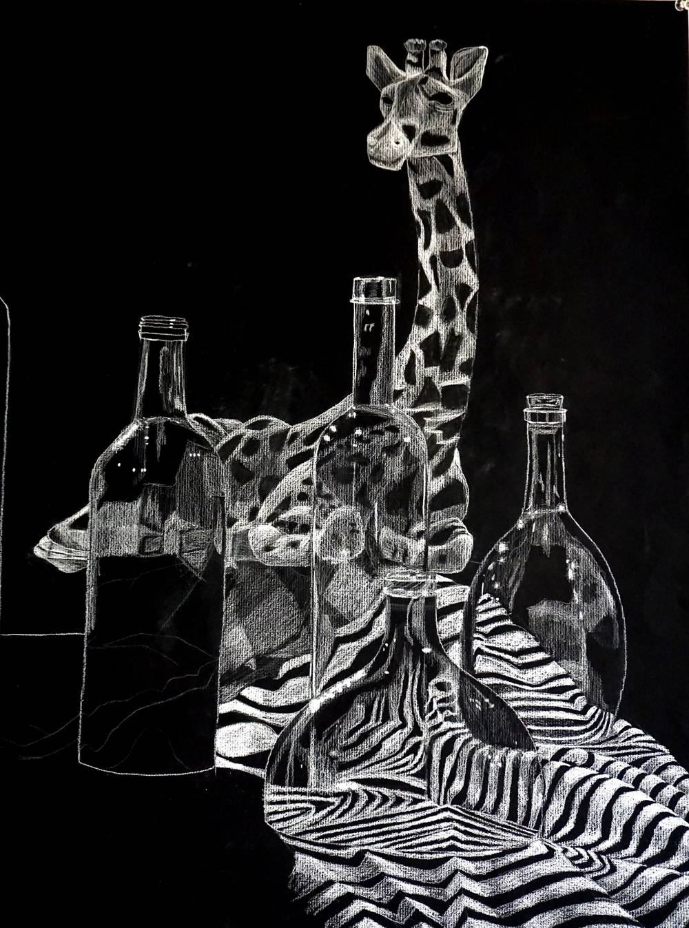 Still life drawing from ART 155 - Foundations: Intro to Drawing I, featuring a toy giraffe, fabric, and clear bottles